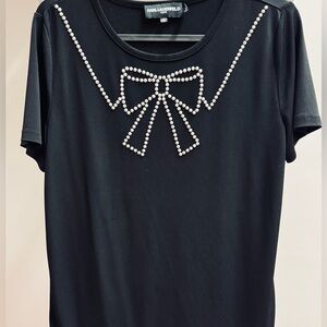 Karl Lagerfeld Black Short Sleeve Top with Pearl Bow Detail